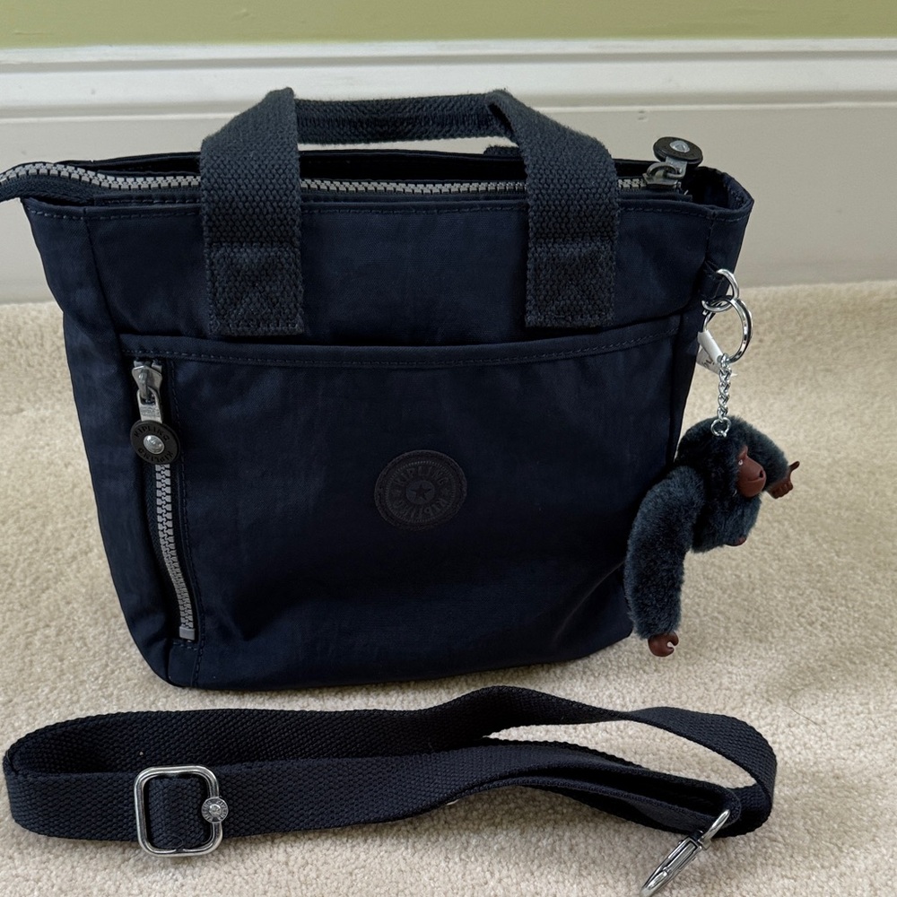 Navy Blue Tote Crossbody Bag with Monkey Keychain